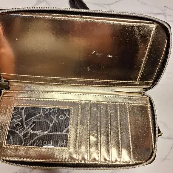 Betsey Johnson NEW zip around wristlet wallet faux leather w roses striped bling - Picture 11 of 13